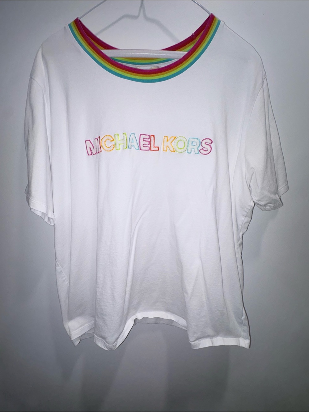 Michael Kors White Tee with Rainbow Trim and Embroidered Logo
